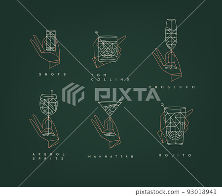 Set of hands holding cocktails art deco green Set of hands holding cocktails art deco green 93018941