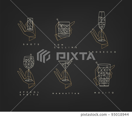 Set of hands holding cocktails art deco black Set of hands holding cocktails art deco black 93018944