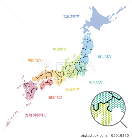 Map of Japan drawn with dots Colored by region Entering prefectural borders Smaller dots 93019220