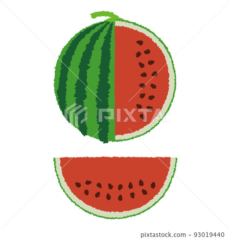 Whole watermelon cut 1/4 vertically_Crayon - Stock Illustration