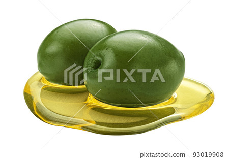 Green olives with extra virgin oil spot isolated on white background 93019908