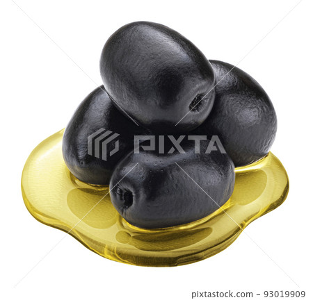 Black olives with flowing oil isolated on white background Black olives with flowing oil isolated on white background 93019909
