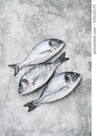 Whole dorado Sea bream fish with herbs for grill over textured grey background top view space for text. Whole dorado Sea bream fish with herbs for grill over textured grey background top view space for text. 93020173