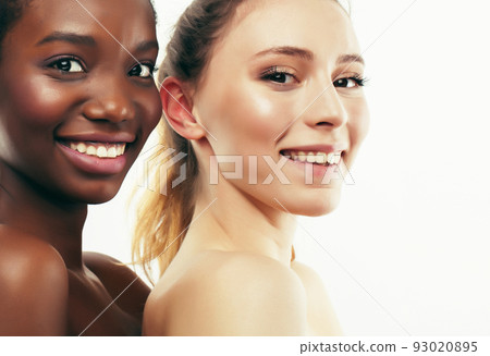 different nation woman: african-american and caucasian together isolated on white background happy smiling, diverse type on skin, lifestyle people concept close up 93020895