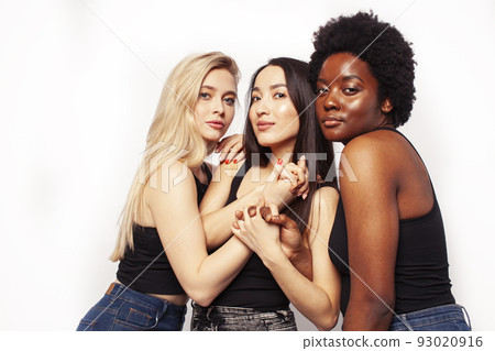 diverse multi nation girls group, teenage friends company cheerful having fun, happy smiling, cute posing isolated on white background, lifestyle people concept, african-american, asian and caucasian 93020916