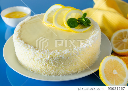 Delicious biscuit dessert with lemon and coconut. Homemade birthday cake. Delicious biscuit dessert with lemon and coconut. Homemade birthday cake. 93021267