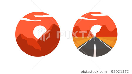 Mountain logo travel vector with path road or adventure sunrise landscape with hills icon for camp sport expedition outdoor badge label flat cartoon illustration round circle image 93021372