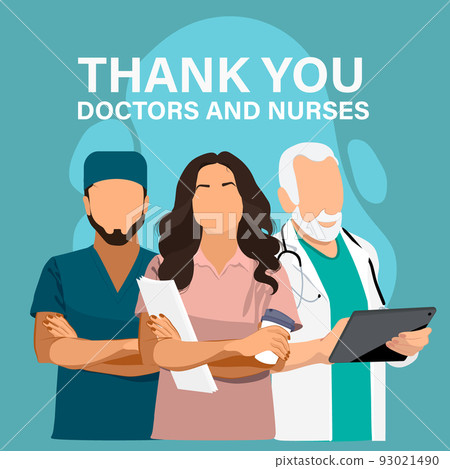 Medical personnel team, character of doctors and nurses wearing a surgical face mask and standing together to fight ills, male and female medical characters set cartoon flat vector illustration. Medical personnel team, character of doctors and nurses wearing a surgical face mask and standing together to fight ills, male and female medical characters set cartoon flat vector illustration. 93021490
