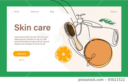 Skin care concept. Landing page template. Morning routine. Bath time. Organic products for scrubbing and body skin care with natural herbal skin care products, top view. Vector illustration 93021522