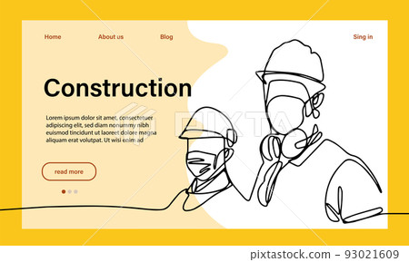 Vector landing page of architecture works with protective face masks for safety in machine industrial factory. Continuous one line drawing for your minimal design Vector landing page of architecture works with protective face masks for safety in machine industrial factory. Continuous one line drawing for your minimal design 93021609