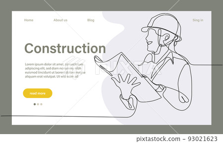 Vector landing page of architecture works with protective face masks for safety in machine industrial factory. Continuous one line drawing for your minimal design Vector landing page of architecture works with protective face masks for safety in machine industrial factory. Continuous one line drawing for your minimal design 93021623