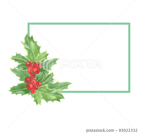 Traditional winter holidays plant rectangular frame, holly leaves and berries, watercolor hand drawn illustration, end of the year celebrations symbol, family and home 93022332