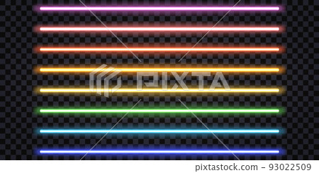 Glowing neon sticks, laser light beams. Rainbow color set, fluorescent electric tubes, luminous stripe lines. Isolated design elements. Vector illustration Glowing neon sticks, laser light beams. Rainbow color set, fluorescent electric tubes, luminous stripe lines. Isolated design elements. Vector illustration 93022509