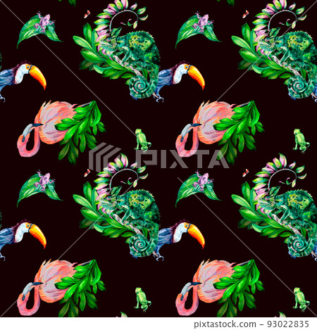 Tropical animals with floral ornate watercolor illustration seamless pattern on black 93022835