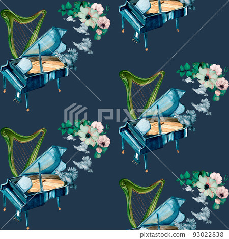Grand piano, harp and flowers watercolor seamless pattern on dark. Grand piano, harp and flowers watercolor seamless pattern on dark. 93022838