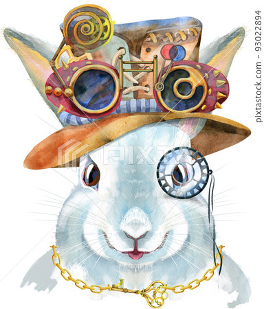 Watercolor illustration of a white rabbit in steampunk hat with goggles 93022894