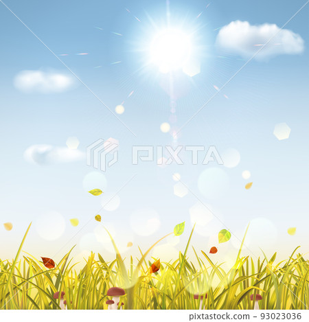 Autumn background with grass, mushrooms, sun and clouds Autumn background with grass, mushrooms, sun and clouds 93023036