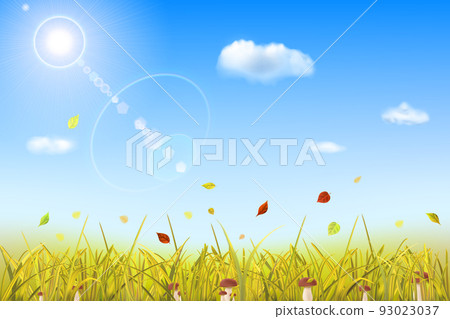 Autumn background with grass, mushrooms, sun and clouds Autumn background with grass, mushrooms, sun and clouds 93023037