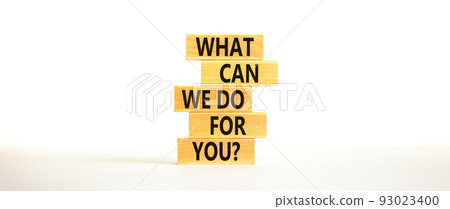 Support symbol. Concept words What can we do for you on wooden blocks on a beautiful white table white background. Copy space. Business motivational and support concept. 93023400