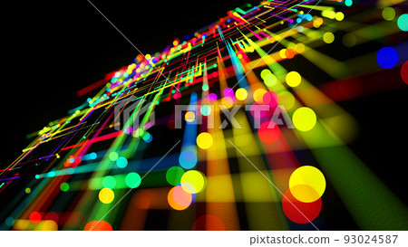 3d render. Sci-fi bg of glow multicolor particles form lines like electrical circuit or microcircuit. Beautiful bokeh light effects, dof. Abstract bg as technological concept with many lines and nodes 93024587
