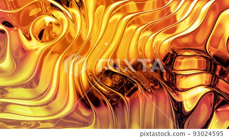 Abstract background with wavy sparkling golden liquid pattern on shiny glossy surface. Viscous yellow fluid like surface of gold foil or brilliant glass. Beautiful creative festive backdrop. 3d render Abstract background with wavy sparkling golden liquid pattern on shiny glossy surface. Viscous yellow fluid like surface of gold foil or brilliant glass. Beautiful creative festive backdrop. 3d render 93024595
