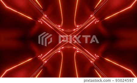 3d render. Sci-fi tunnel with neon lights. Abstract high-tech tunnel as background in the style of cyberpunk or high-tech future. Symmetrical structure of red yellow light streaks. 93024597