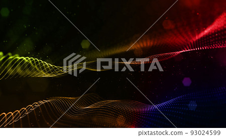 abstract sci-fi background with glow particles form curved lines, surfaces, hologram structures or virtual digital space. Motion design background with gradient color. Blue red green. 93024599