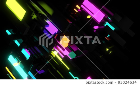 3d render. Abstract dark background neon cubes light bulbs. Visualisation of working ai bigdata or block chain technology. Different sizes cubes network flashing multicolor neon light, like night city 93024634