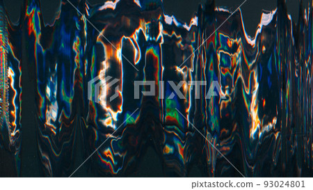 Neon noise background. Digital glitch. Futuristic distortion. Defocused blue red green color flare artifacts defect on dark black illustration abstract texture. 93024801