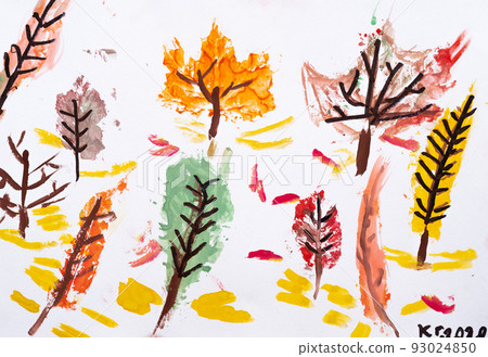 Autumn scenery. Kids art. Creative artwork. Colorful picture of different watercolor trees on white paper background. 93024850