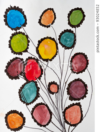 Botanic illustration. Kids art. Creative inspiration. Artistic work of colorful leaves on branches drawing white background. Botanic illustration. Kids art. Creative inspiration. Artistic work of colorful leaves on branches drawing white background. 93024852