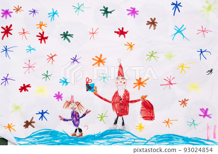 Festive art. Kids creativity. Christmas illustration. Colorful artistic work of happy Santa and little girl walking with presents under snowflakes. Festive art. Kids creativity. Christmas illustration. Colorful artistic work of happy Santa and little girl walking with presents under snowflakes. 93024854
