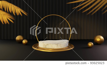 Minimal grey scene with golden cylinder and glass sphere. Cylindrical marble and gold podium on a grey background. 3D stage for displaying a cosmetic product. Luxury background rendering. Minimal grey scene with golden cylinder and glass sphere. Cylindrical marble and gold podium on a grey background. 3D stage for displaying a cosmetic product. Luxury background rendering. 93025023