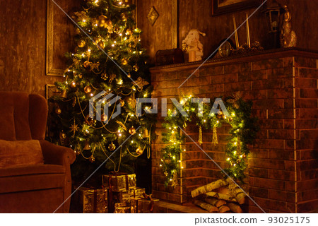 the rich interior, decorated Christmas Tree with lights gifts to 93025175