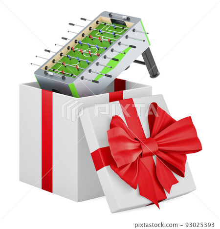 Table football inside gift box, present concept. 3D rendering Table football inside gift box, present concept. 3D rendering 93025393