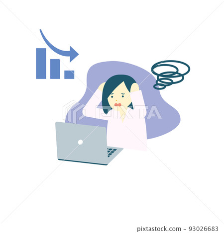 一個女人用下降的圖表/工作/文書工作/銷售抱著她的頭 一個女人用下降的圖表/工作/文書工作/銷售抱著她的頭 93026683