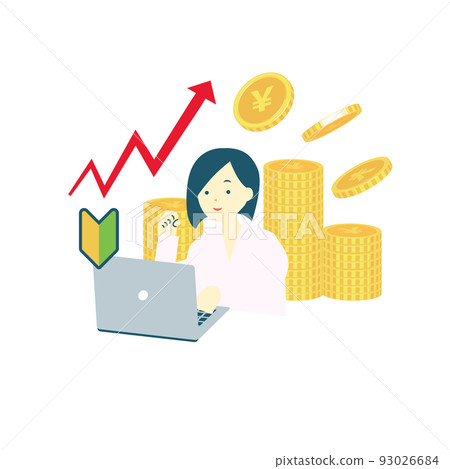 一位初學者很高興在她的電腦/金錢/投資上看到向上的圖表 一位初學者很高興在她的電腦/金錢/投資上看到向上的圖表 93026684