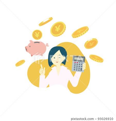 Flying money, a piggy bank, a calculator, and a woman/money/invest/earn 93026910