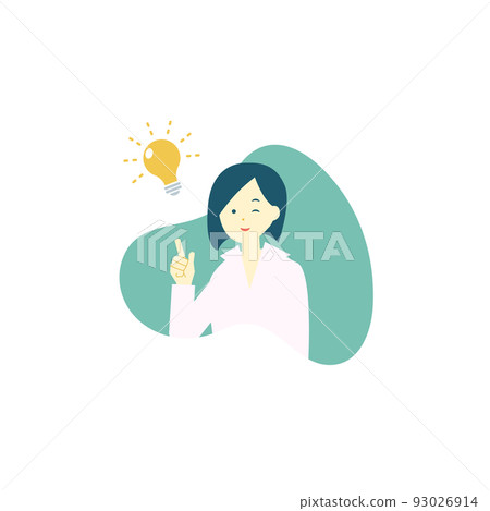 A woman with her right index finger up and a light bulb icon / instruction / guidance / introduction 93026914