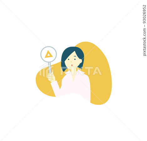 Woman holding a yellow triangular tag 93026952