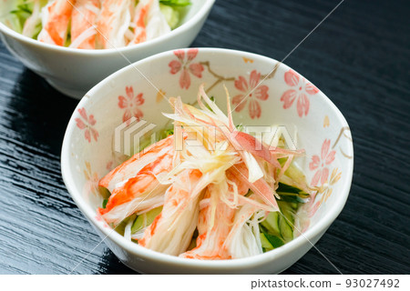 Refreshing vinegared dish in summer. Crab meat and cucumber with vinegared myoga sauce. Refreshing vinegared dish in summer. Crab meat and cucumber with vinegared myoga sauce. 93027492