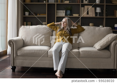 Thoughtful peaceful pretty elderly woman resting on soft couch Thoughtful peaceful pretty elderly woman resting on soft couch 93028010
