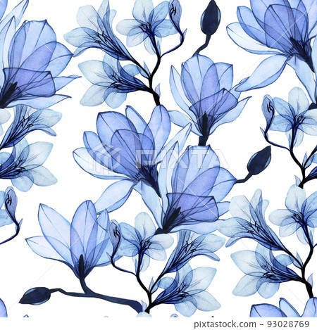 seamless watercolor pattern with blue transparent magnolia and freesia flowers. gentle vintage pattern, airy, x-ray. 93028769