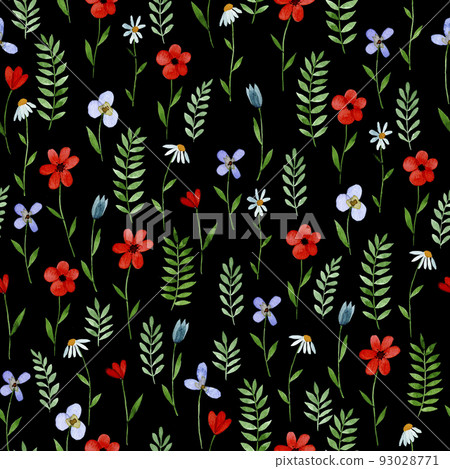 watercolor seamless pattern. simple wild flowers, poppies and herbs on a black background. modern print with dark background abstract flowers 93028771