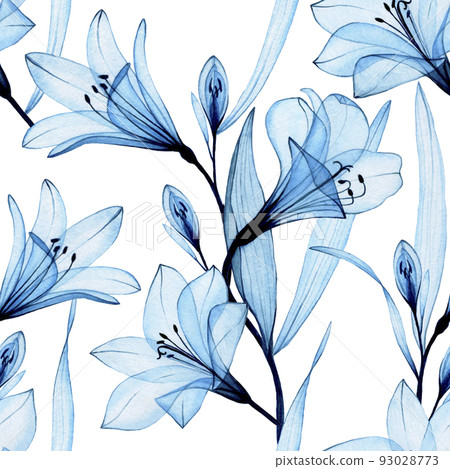 watercolor seamless pattern with transparent blue flowers of alstroemeria, lily. air flowers, x-ray on a white background. 93028773