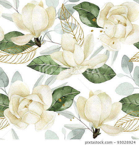 watercolor drawing. seamless pattern with white flowers, leaves and golden elements. delicate illustration with magnolia flowers, eucalyptus leaves, golden leaves watercolor drawing. seamless pattern with white flowers, leaves and golden elements. delicate illustration with magnolia flowers, eucalyptus leaves, golden leaves 93028924
