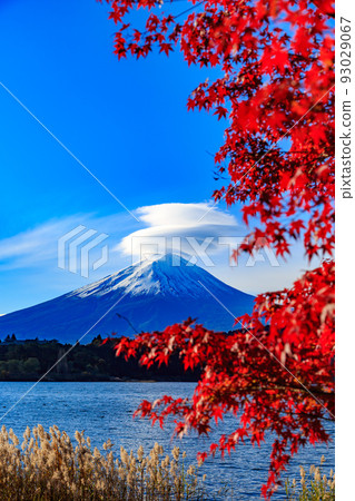 從留臼岩海灘看河口湖富士山附近的山梨縣紅葉 93029067