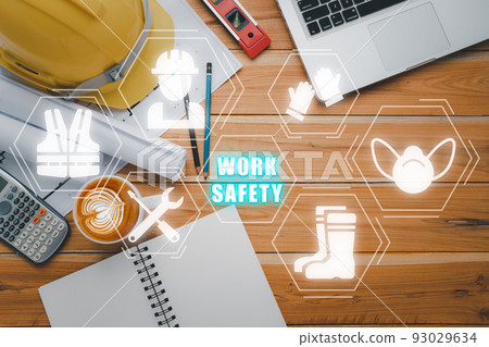 Work safety concept, Top view engineer office with VR screen work safety icon, First secure rules. Health protection, personal security people on job. Work safety concept, Top view engineer office with VR screen work safety icon, First secure rules. Health protection, personal security people on job. 93029634