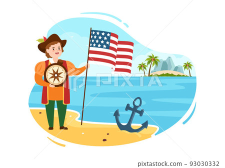 Happy Columbus Day National Holiday Hand Drawn Cartoon Illustration with Blue Waves, Compass, Ship and USA Flags in Flat Style Background Happy Columbus Day National Holiday Hand Drawn Cartoon Illustration with Blue Waves, Compass, Ship and USA Flags in Flat Style Background 93030332