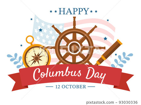Happy Columbus Day National Holiday Hand Drawn Cartoon Illustration with Blue Waves, Compass, Ship and USA Flags in Flat Style Background Happy Columbus Day National Holiday Hand Drawn Cartoon Illustration with Blue Waves, Compass, Ship and USA Flags in Flat Style Background 93030336